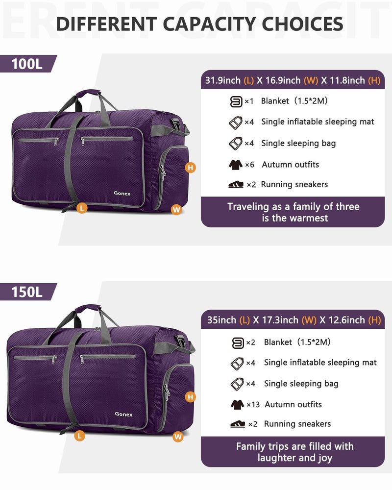 Gonex 100L Large Foldable Travel Duffle Bag with Shoes Compartment, Packable Lightweight Water Repellent Duffel Bag for Camping Gym Weekender Bag Purple - Image 4