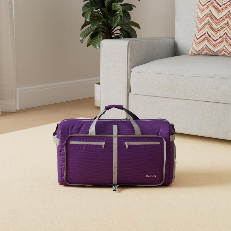 Gonex 100L Large Foldable Travel Duffle Bag with Shoes Compartment, Packable Lightweight Water Repellent Duffel Bag for Camping Gym Weekender Bag Purple - Image 2