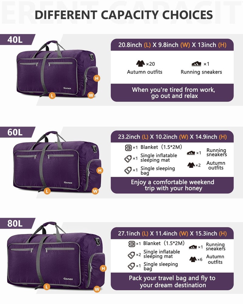 Gonex 100L Large Foldable Travel Duffle Bag with Shoes Compartment, Packable Lightweight Water Repellent Duffel Bag for Camping Gym Weekender Bag Purple - Image 3