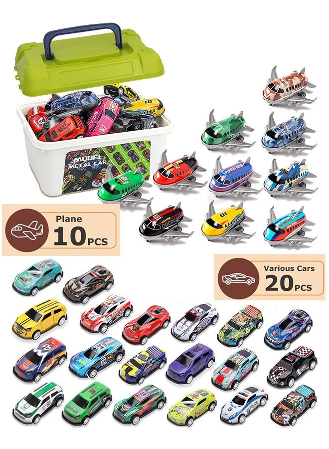 Upgraded 30 Pcs Pull Back Toy Cars & Planes Set - Durable Alloy Friction-Powered Vehicles with Storage Box, Unbreakable Learning Toys for Kids 3+ Years, Ideal Gift for Boys & Girls
