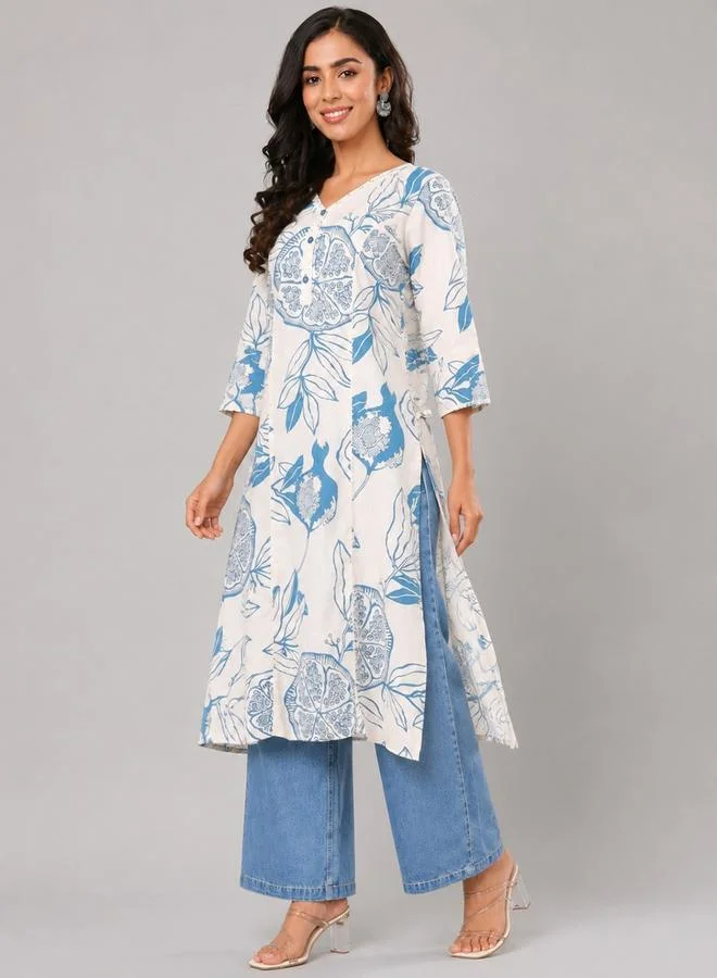House Of Raeli White Floral Print V-Neck 3/4 Sleeves Ethnic Kurta