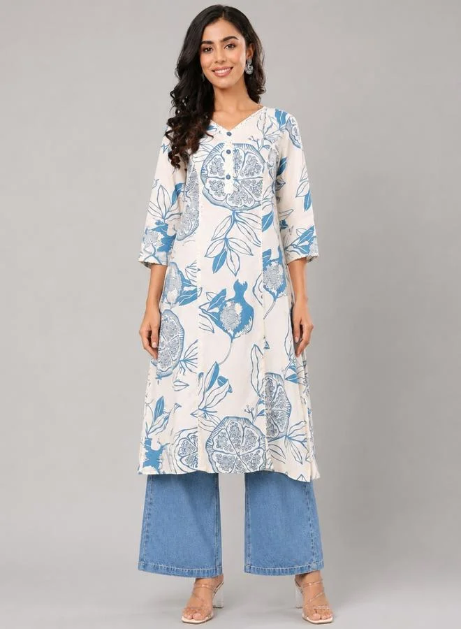 House Of Raeli White Floral Print V-Neck 3/4 Sleeves Ethnic Kurta