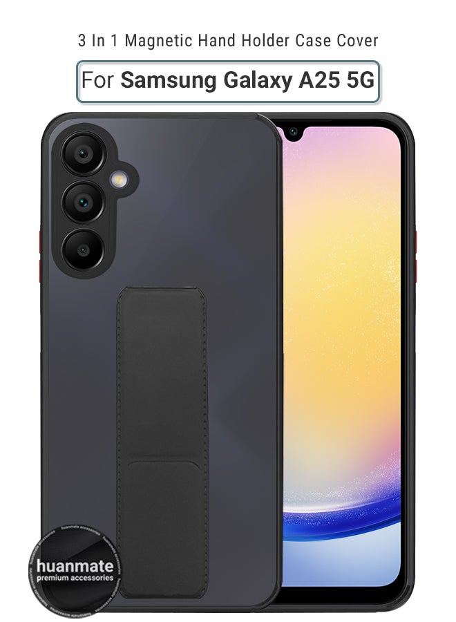 Samsung Galaxy A25 Magnetic Case With Hand Grip Holder & Kickstand - Strong Grip for Magnetic Car Holder, Stylish & Functional, Ultimate Convenience & Hands-Free Viewing - Black