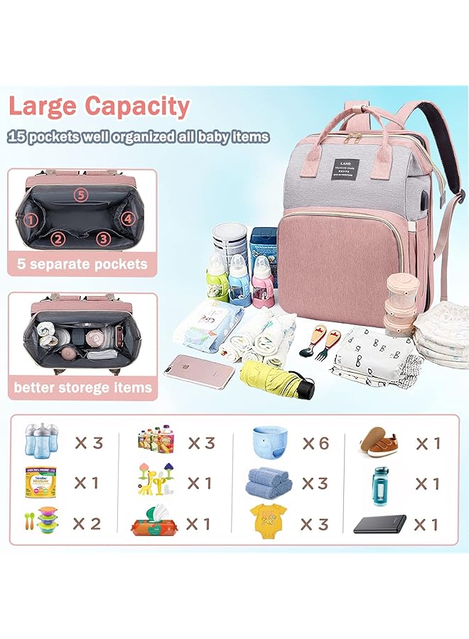 DMG TECH Diaper Bag Backpack Baby Bag With Changing Station & Toy Bar Boy & Girl Diaper Bag For Dad & Mom Large Capacity 900D Oxford Usb Port 3 Toys Pink - Image 4