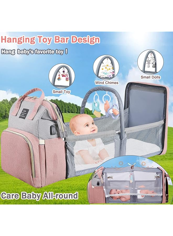 DMG TECH Diaper Bag Backpack Baby Bag With Changing Station & Toy Bar Boy & Girl Diaper Bag For Dad & Mom Large Capacity 900D Oxford Usb Port 3 Toys Pink - Image 2