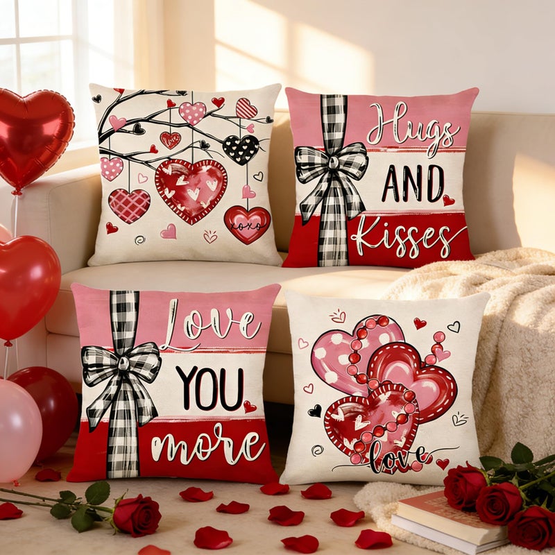Ni-JASW Valentines Day Throw Pillow Covers 18x18 inch Set of 4, Buffalo Plaid Pink Red Hearts Pillow Cases for Couch Sofa Holiday Home Decor - Image 5