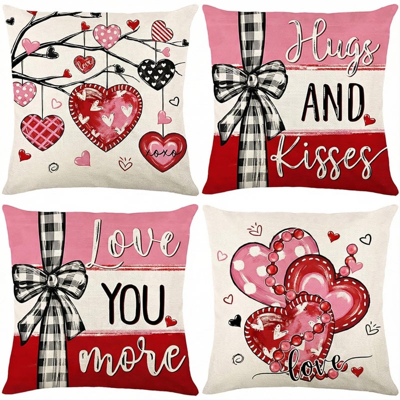 Ni-JASW Valentines Day Throw Pillow Covers 18x18 inch Set of 4, Buffalo Plaid Pink Red Hearts Pillow Cases for Couch Sofa Holiday Home Decor - Image 1
