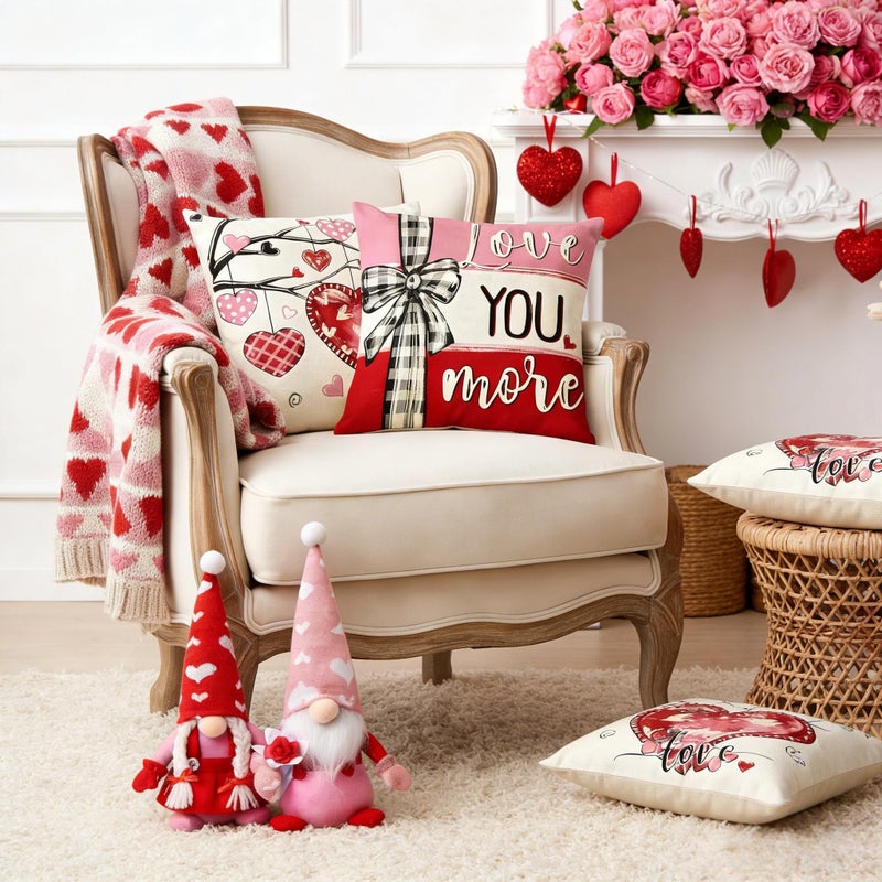 Ni-JASW Valentines Day Throw Pillow Covers 18x18 inch Set of 4, Buffalo Plaid Pink Red Hearts Pillow Cases for Couch Sofa Holiday Home Decor - Image 4