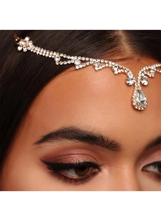 Chargances - Bridal Rhinestone Forehead Head Chain Clip Wedding Crystal Teardrop Forehead Headband Gold Flower Hair Accessories For Women And Girls (Gold) - Image 1