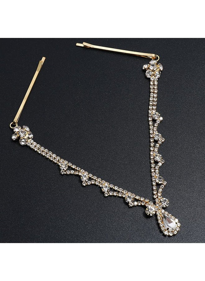 Chargances - Bridal Rhinestone Forehead Head Chain Clip Wedding Crystal Teardrop Forehead Headband Gold Flower Hair Accessories For Women And Girls (Gold) - Image 1