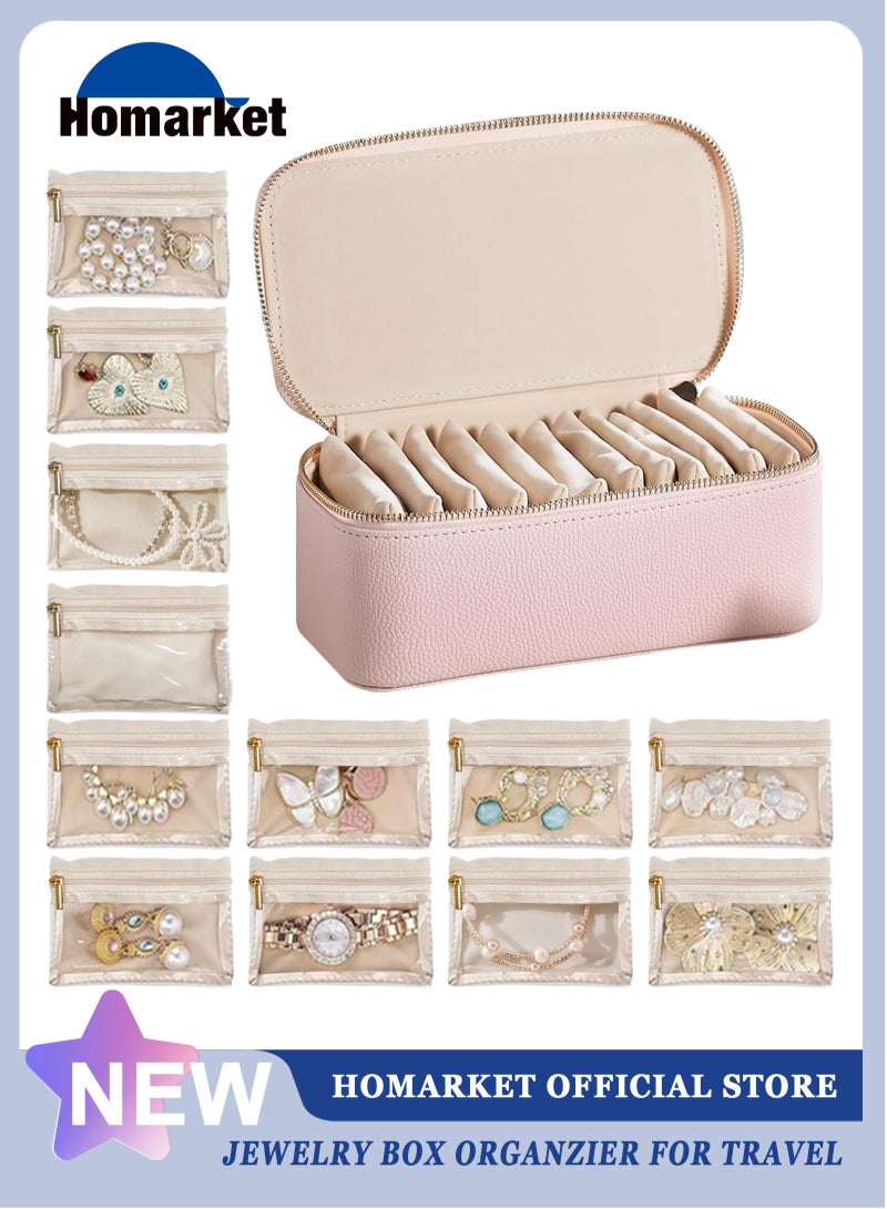 HomarKet Jewelry Box Organzier for Travel,Graduation Gifts for Daughter,Jewelry Case with 12 Pcs Velvet Jewelry Bags for Earrings Necklace Rings,Valentine's Day,Birthday, Wedding Gift for Wome-Strawberry Pink - Image 1