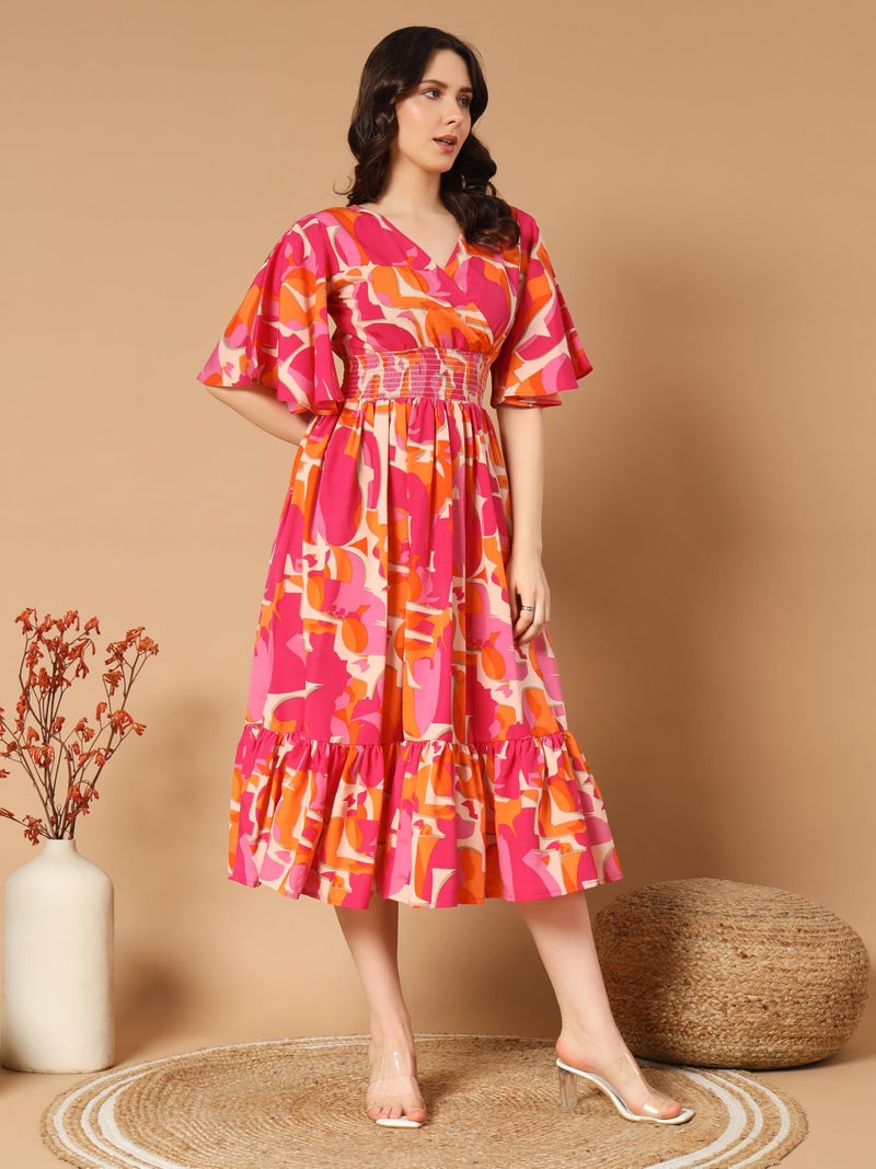 KZULLY | Beautiful Floral Pattern & Flared Sleeve | Print Midi Dress | Eye-Catching Design | Perfect for Casual, Office Flattering Fit and Soft, Comfortable Fabric - Image 3