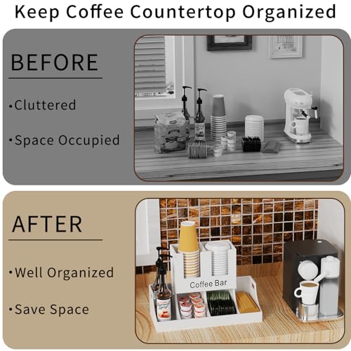Busidhji Coffee Station Organizer, Wooden Coffee Bar Organizer for Countertop, Condiment and Cup Storage Organizer, Bar Accessories for Kitchen, Office, Home, White - Image 3