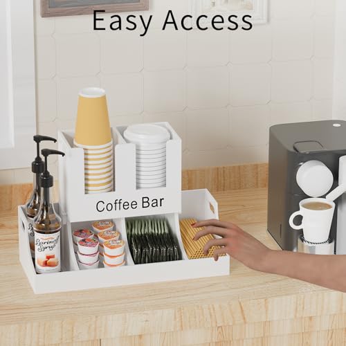 Busidhji Coffee Station Organizer, Wooden Coffee Bar Organizer for Countertop, Condiment and Cup Storage Organizer, Bar Accessories for Kitchen, Office, Home, White - Image 2