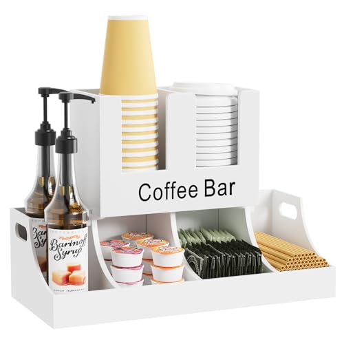 Busidhji Coffee Station Organizer, Wooden Coffee Bar Organizer for Countertop, Condiment and Cup Storage Organizer, Bar Accessories for Kitchen, Office, Home, White - Image 1