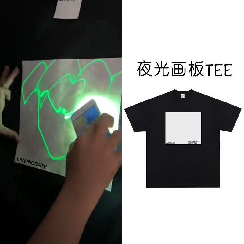 American Luminous Sketchpad Short-Sleeved T-Shirt Fluorescent Clothes Painting Luminous Printing Neutral Style Heavy-Weight Niche Design Sense - Image 5