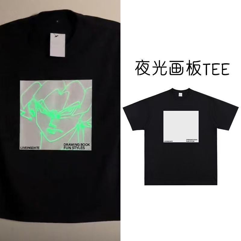 American Luminous Sketchpad Short-Sleeved T-Shirt Fluorescent Clothes Painting Luminous Printing Neutral Style Heavy-Weight Niche Design Sense - Image 4