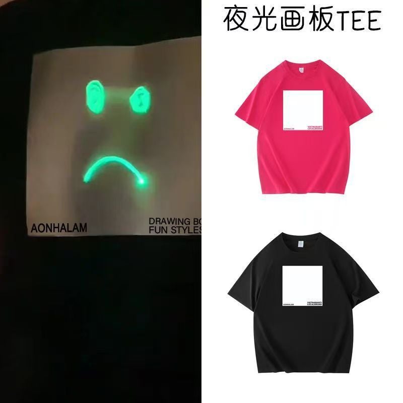 American Luminous Sketchpad Short-Sleeved T-Shirt Fluorescent Clothes Painting Luminous Printing Neutral Style Heavy-Weight Niche Design Sense - Image 2