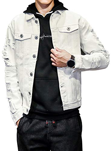DAVID.ANN Men's Distressed Jean Coat Ripped Holes Button Down Denim Casual Trucker Jacket Outerwear,White,Medium - Image 5