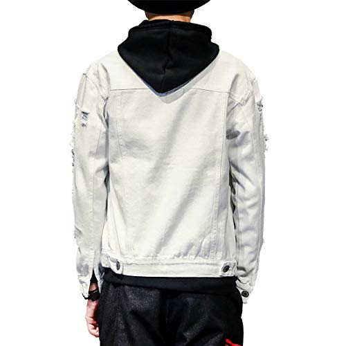 DAVID.ANN Men's Distressed Jean Coat Ripped Holes Button Down Denim Casual Trucker Jacket Outerwear,White,Medium - Image 3