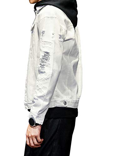 DAVID.ANN Men's Distressed Jean Coat Ripped Holes Button Down Denim Casual Trucker Jacket Outerwear,White,Medium - Image 4