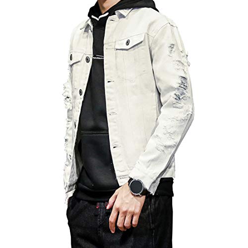 DAVID.ANN Men's Distressed Jean Coat Ripped Holes Button Down Denim Casual Trucker Jacket Outerwear,White,Medium - Image 2