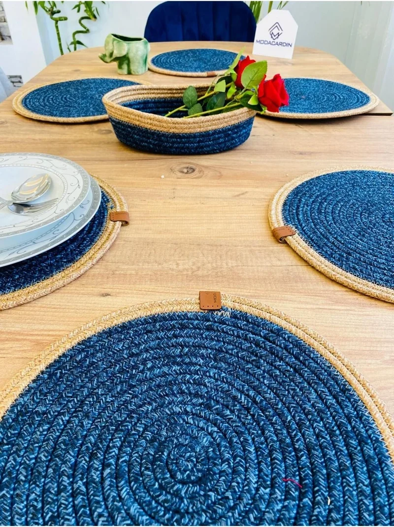 BDZ Deri BDZ Leather Jute Wicker American Service Plate and Basket 7 Pieces