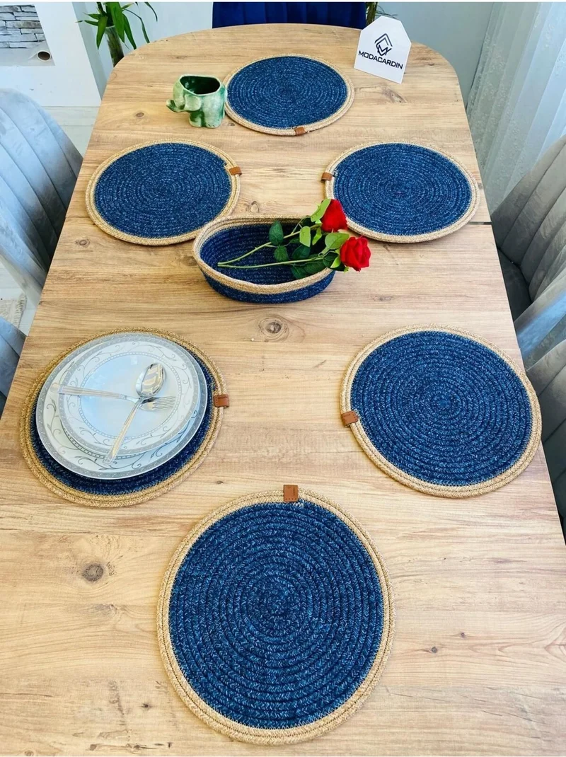 BDZ Deri BDZ Leather Jute Wicker American Service Plate and Basket 7 Pieces