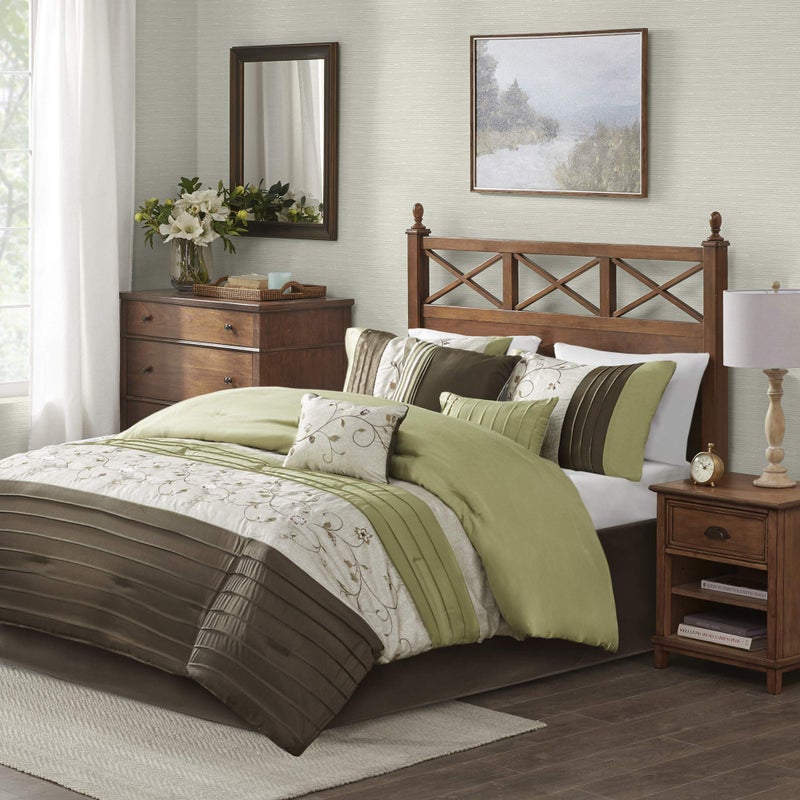 madison park Madison Park Serene Faux Silk Comforter Set  Floral Embroidery Design All Season Bedding Set Matching Bed Skirt Decorative Pillows Green Queen90x90 7 Piece 