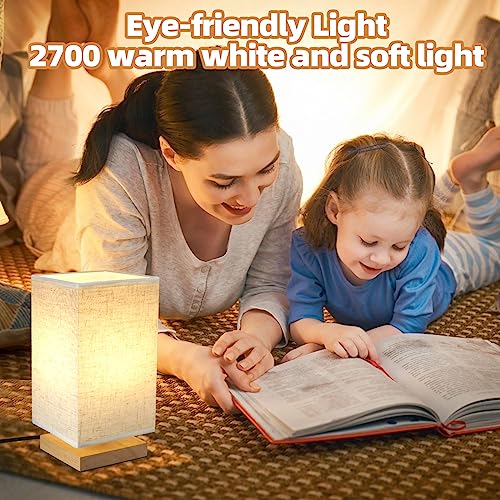 UCHENTON Small Square Bedside Table Lamp for Bedroom, Minimalist Wood Base & Round Fabric Shade, Mini Cute Cozy Warm Nightstand Boho Lamp, Study Desk Night Stand Light for Room, Dorm, Nursery, Living Room - Image 5