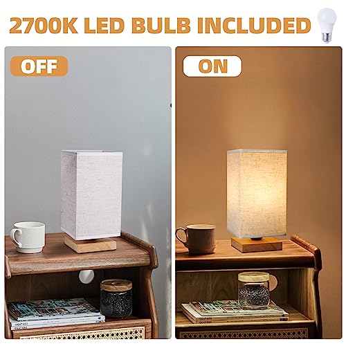 UCHENTON Small Square Bedside Table Lamp for Bedroom, Minimalist Wood Base & Round Fabric Shade, Mini Cute Cozy Warm Nightstand Boho Lamp, Study Desk Night Stand Light for Room, Dorm, Nursery, Living Room - Image 4