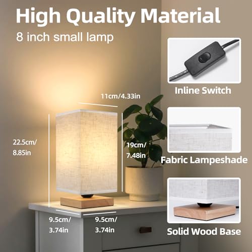 UCHENTON Small Square Bedside Table Lamp for Bedroom, Minimalist Wood Base & Round Fabric Shade, Mini Cute Cozy Warm Nightstand Boho Lamp, Study Desk Night Stand Light for Room, Dorm, Nursery, Living Room - Image 2