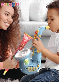 MEBEGIN Saxophone Set with 5 Music Cards and 1 Lanyard, Simulation Musical Instrument Toy with Light and Sounds, Multifunctional Saxophone Toy, Kids' Orchestral Instrument, Early Education Toy, Ideal Gift for Kids Aged 3+, 19*28*10cm  - Image 2