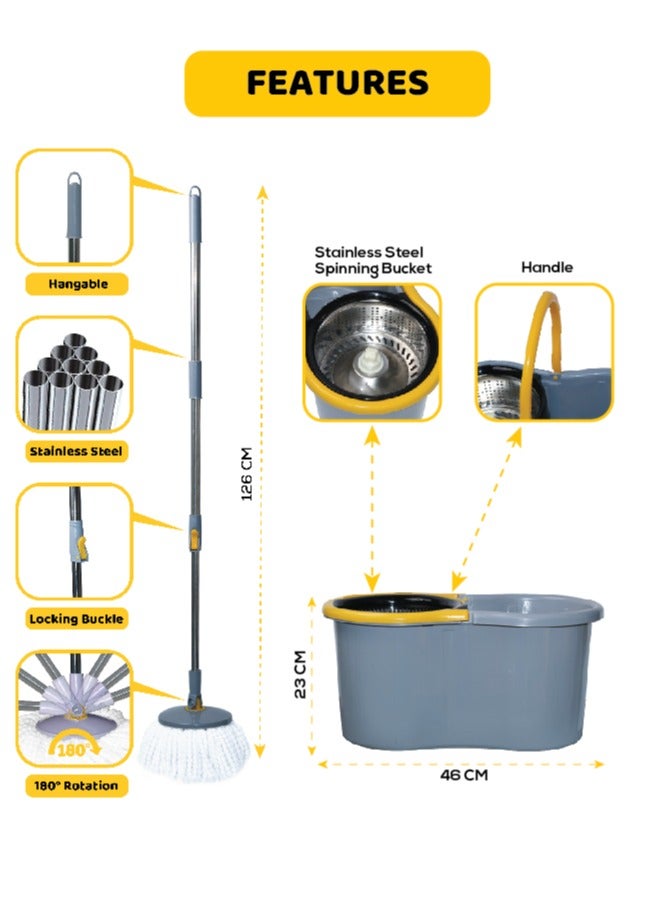 ESQUBE 360° Spin Mop bucket Set With Steel Bowl Grey/Yellow/Silver 25Liters - Image 2