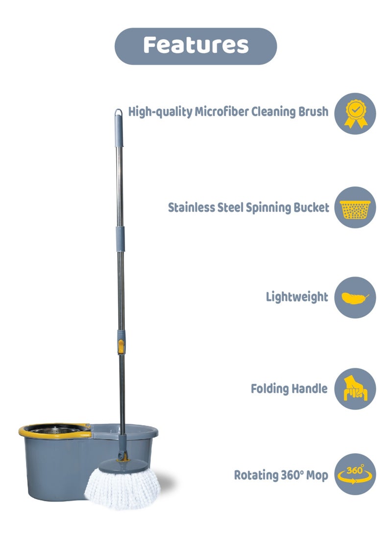 ESQUBE 360° Spin Mop bucket Set With Steel Bowl Grey/Yellow/Silver 25Liters - Image 4