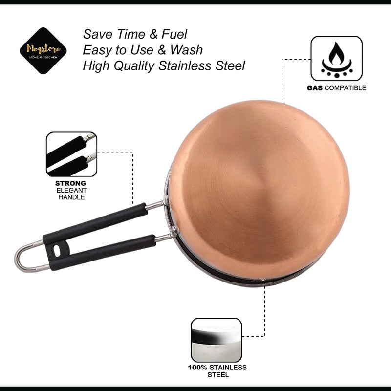 BPE Stainless Steel Copper Coated Bottom Flat Induction Base Saucepan, Milk Tea Coffee Pan Pot Tapeli Patila Cookware Container with Handle Combo (1Ltr, 1.5Ltr) - Image 3