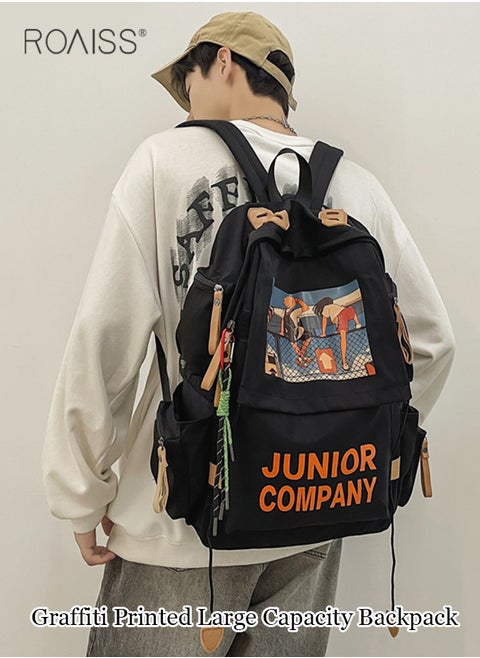 Leisure Large Capacity Graffiti Print Backpack Multi Pocket Design Travel Campus Trend Backpack Adjustable Shoulder Strap Versatile Student Computer Backpack with Exquisite Random Pendant  for Teens Lightweight Waterproof Casual  Bag