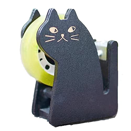 Hibucuo Tape Dispenser, Cute Cat Tape Dispenser, Vintage Wooden Kitty Tape Cutter with 1 Roll Tape for Home Office Desktop Accessory for Students Girls Boys - Image 1
