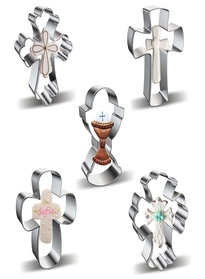 azflyife Cross Cookie Cutter Shapes Set, Azflyife 5 Piece Stainless Steel Metal Biscuit Mold Cookie Cutters with Chalice Holy Cup Crucifix Crucifixion for Easter Halloween Christmas Religious Baptism Communion - Image 1