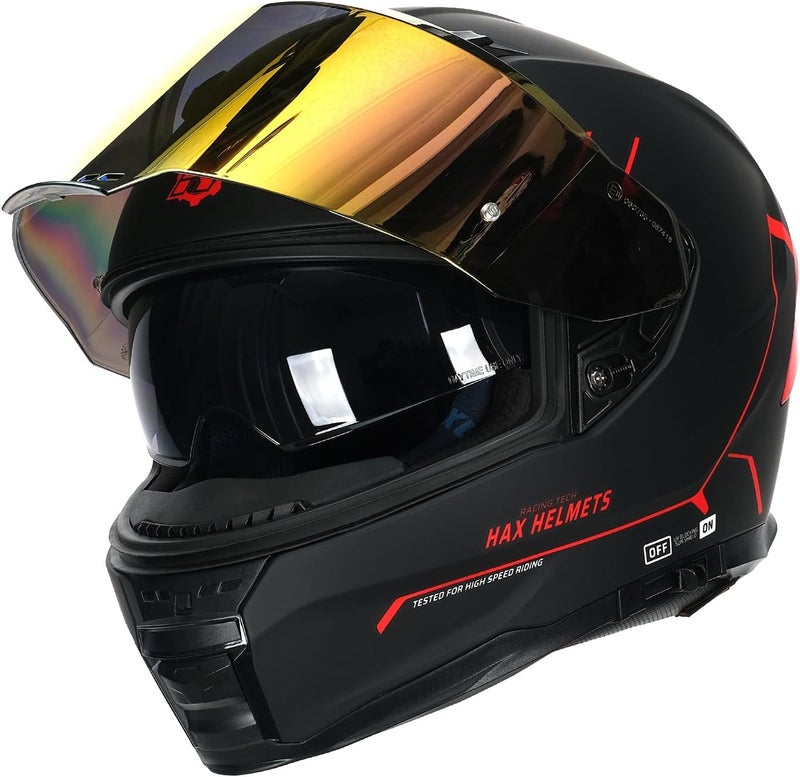 HAX Force Aerodynamic Full Face Helmet for Street & E-Bikes - DOT & ECE Certified, Enhanced Dual Visor, Adult Size, Matte Black Red - Image 2