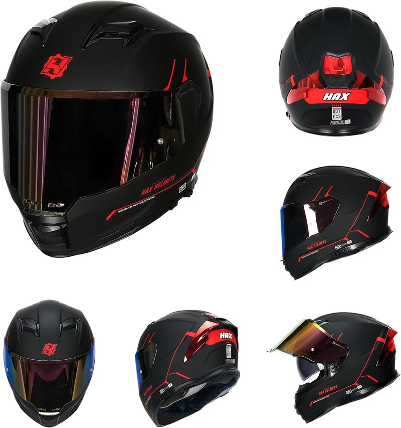 HAX Force Aerodynamic Full Face Helmet for Street & E-Bikes - DOT & ECE Certified, Enhanced Dual Visor, Adult Size, Matte Black Red - Image 3