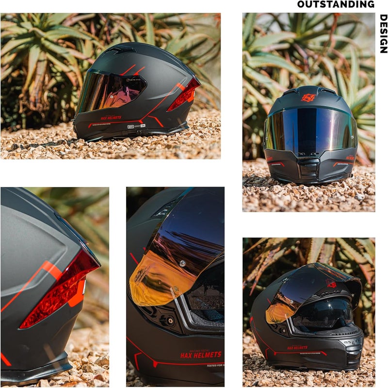 HAX Force Aerodynamic Full Face Helmet for Street & E-Bikes - DOT & ECE Certified, Enhanced Dual Visor, Adult Size, Matte Black Red - Image 5