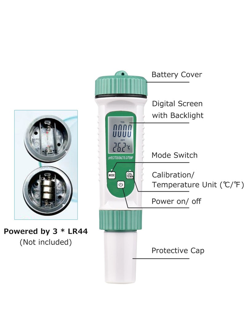 Digital Water Quality Tester 6 in 1 Multifunction Water Quality Monitor PH/ EC/ TDS/ SALT/ S.G/ Temperature Portable Testing Meter Analyzer for Drinking Water Aquarium Hydroponics Lab - Image 5