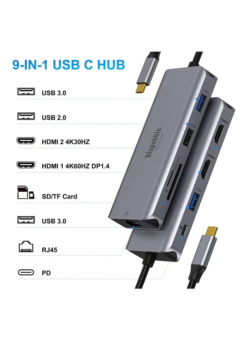 blupebble - C9 Hub Aluminum 9-in-1 Multimedia HUB 4K HDMI with Ethernet Card Reader USB-C USB-2.0 & USB 3.0 - Image 1