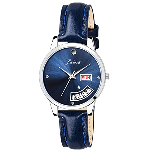 jainx Day and Date Blue Leather Strap Analog Wrist Watch for Couple - JC477 - Image 2