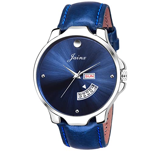 jainx Day and Date Blue Leather Strap Analog Wrist Watch for Couple - JC477 - Image 5