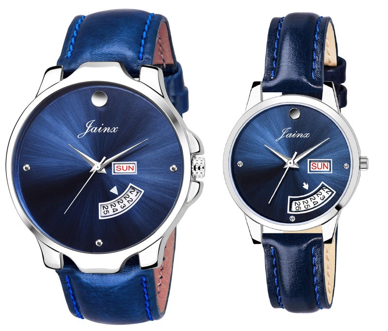jainx Day and Date Blue Leather Strap Analog Wrist Watch for Couple - JC477 - Image 1