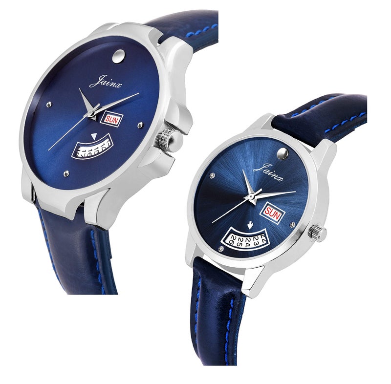 jainx Day and Date Blue Leather Strap Analog Wrist Watch for Couple - JC477 - Image 3