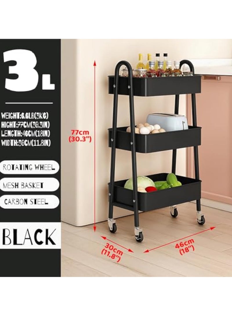 POWER Fruit Vegetable Storage Basket, Snack Cart 3 Tier Stackable Wire Storage Basket, Kitchen Rolling Rack Storage Cart for Pantry Bathroom (3 Tiers, Black) - Image 3