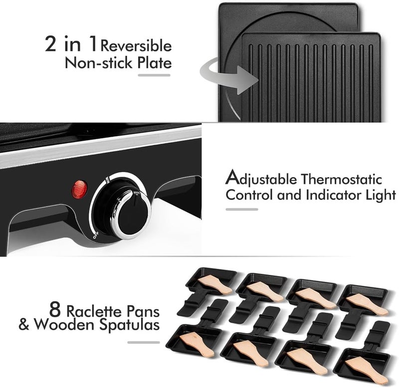 CUSIMAX شواية طاولة راكليت، شواية كهربائية، شواية داخلية للشواء الكوري مع لوحة غير لاصقة قابلة للعكس 2 في 1، صانع كريب مع تحكم في درجة الحرارة القابلة للتعديل، 8 مقالي راكليت وملاعق خشبية - Image 2